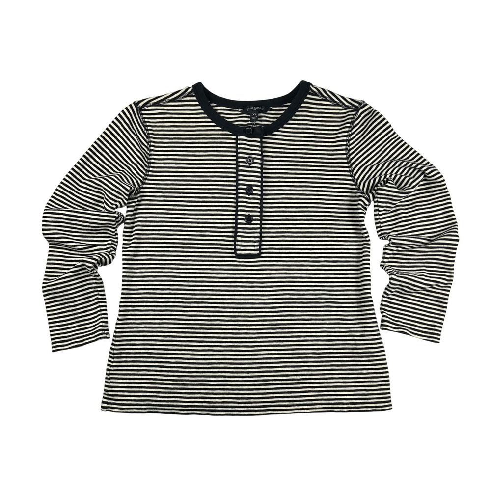 Banana Republic Womens XS Black White Striped Long Sleeve Henley Shirt